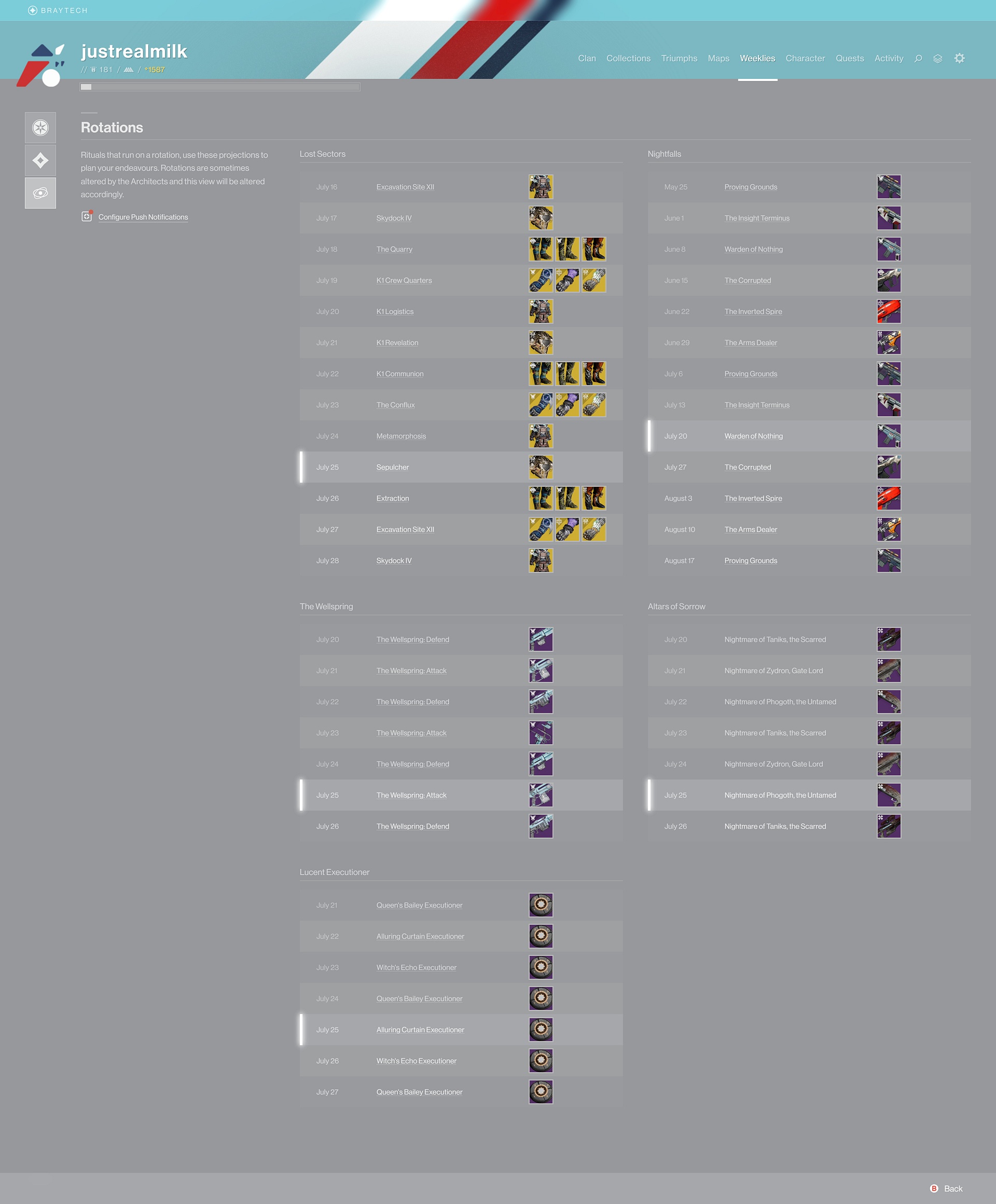 Screenshot of _Rotations_, a sub-view of _Weeklies_ which uses a more traditional calendar view to help users plan across days and weeks