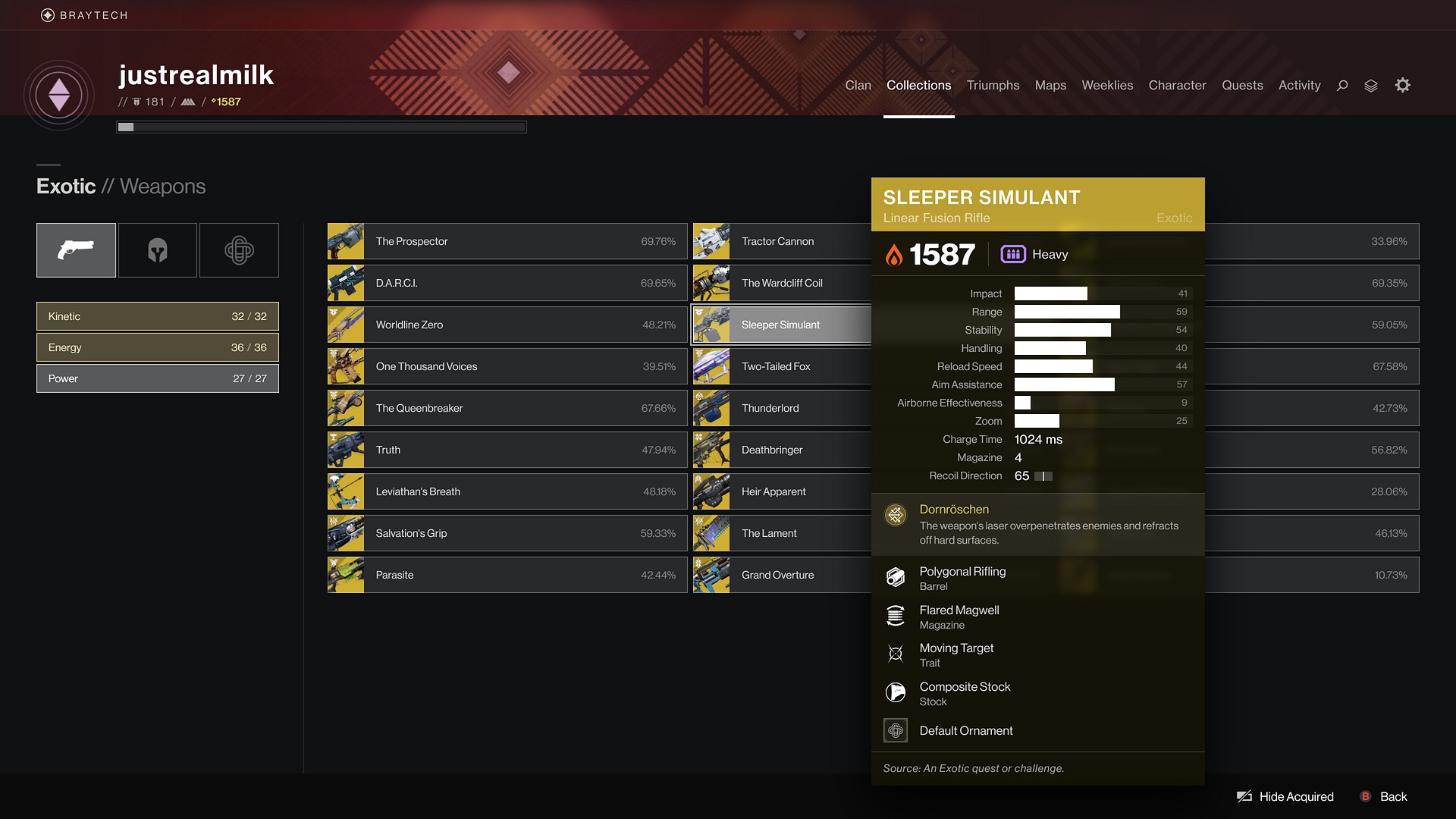Screenshot of a _Collections_ view presentation node. Destiny's tooltips for items typically only show certain "perks" and their names. I opted to display all of an items active perks as well their types in order to make the data more useful at a glance.