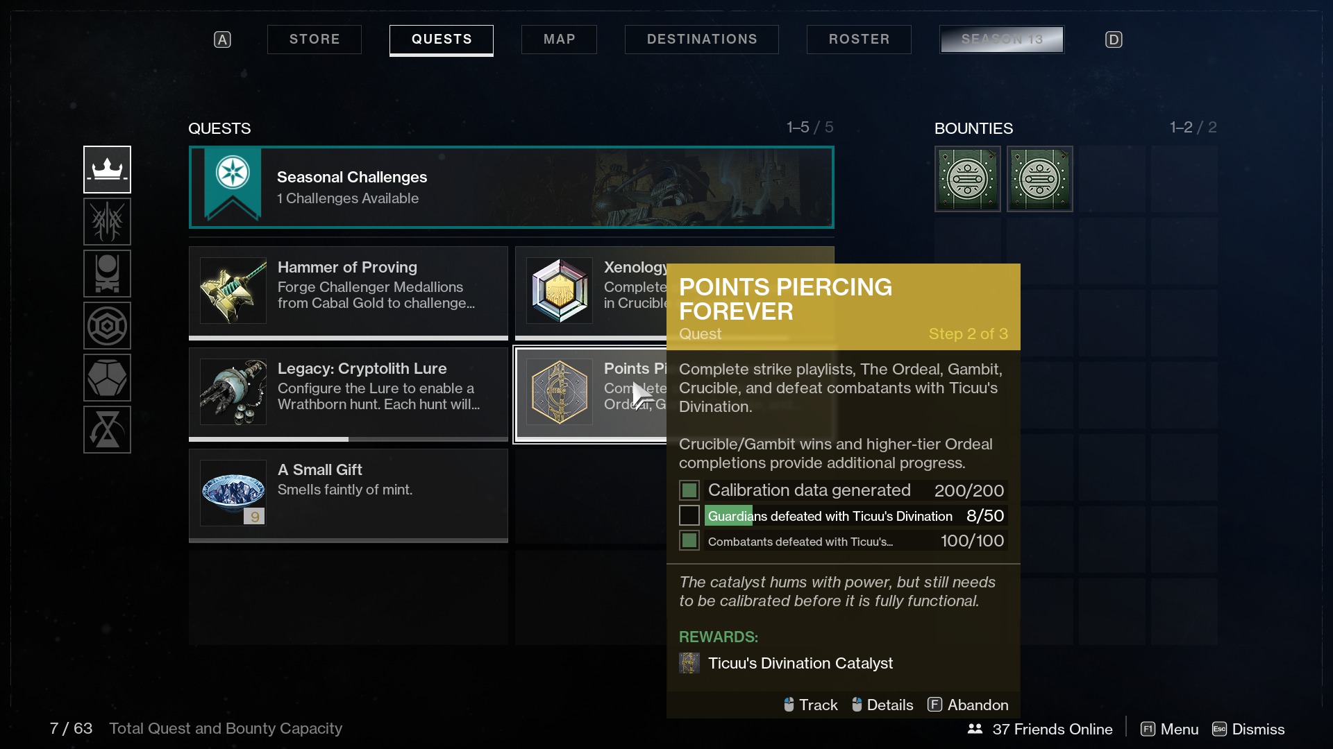 Destiny's Quests view—where players track their quest progression and bounties.