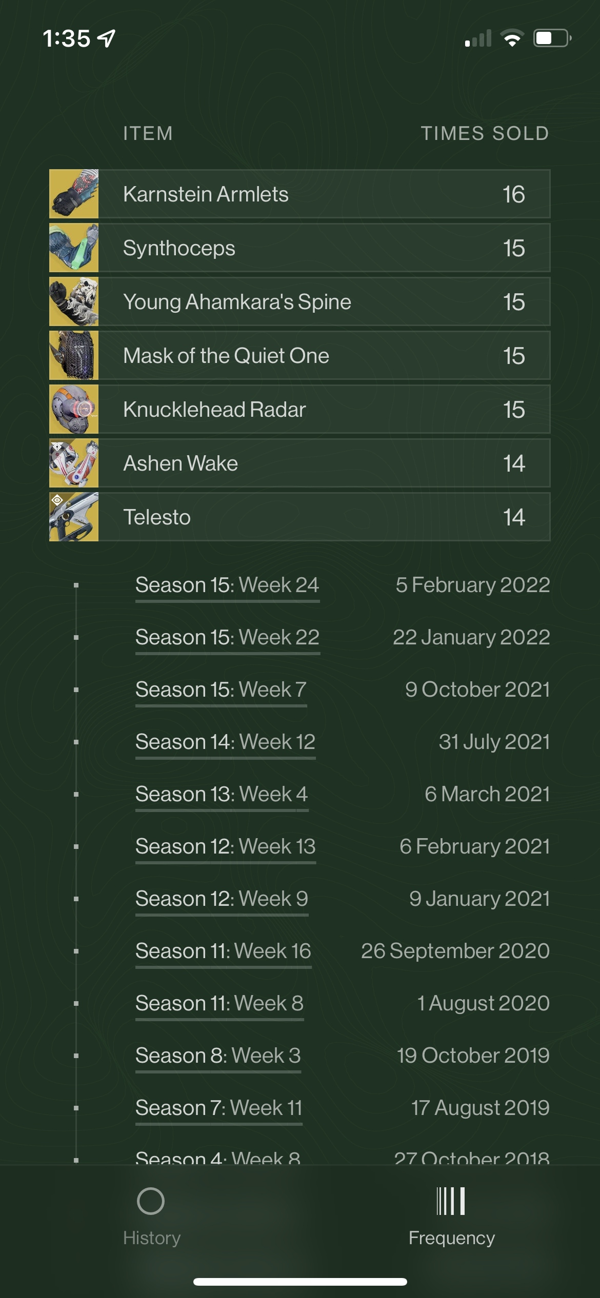 Frequency

Just how often, and when, has Xûr sold `x` and `y` – this feature allows the user to time travel