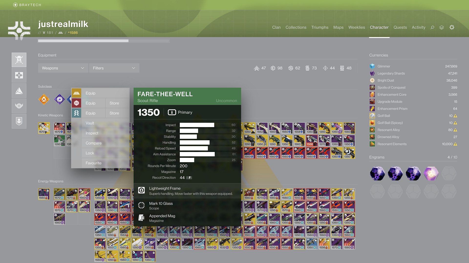 Screenshot of the _Character_ view demonstrating item tooltips with actions