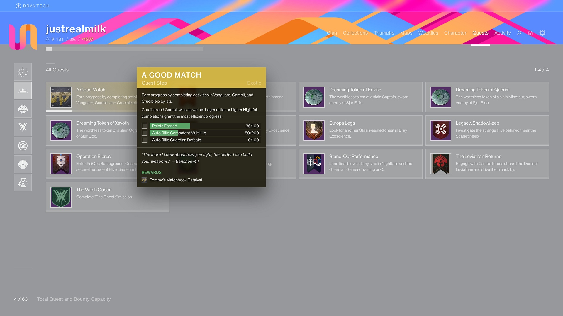 Screenshot of _Quests_ view. Quest items can be filtered by origin. This is a critical feature for less-experienced Guardians who are trying to become better acquainted with the game and use their time well.