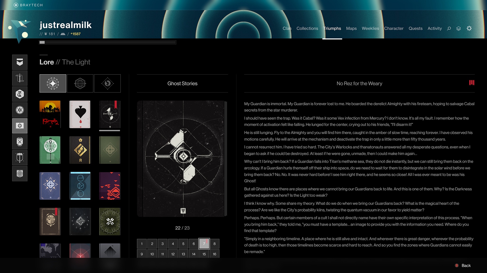 Screenshot of a _Triumphs_ view presentation node for "Lore." In Destiny, "Lore" is a primary delivery method for storytelling. Braytech provides a pleasant reading experience and the ability to bookmark pages.