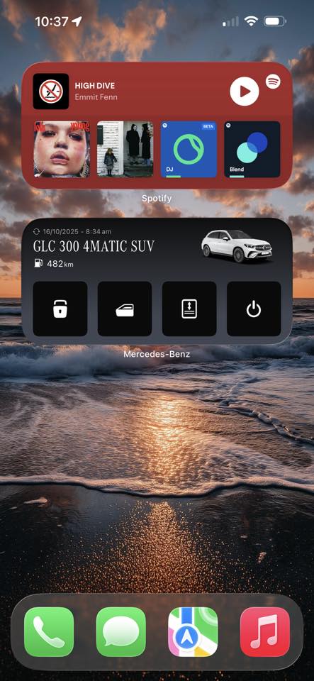 Mercedes's widget uses too many font styles and places emphasis on quick actions which unfortunately contrast too severely—it's a bit sad.