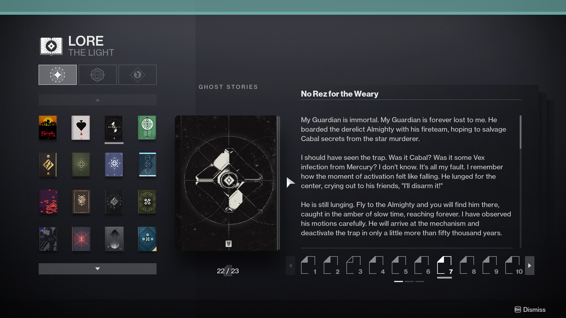 A discovered lore book open for reading—Destiny is a world full of deep and interconnected lore. Players discover and collect pages of various lore books which can be read from this view at their leisure.